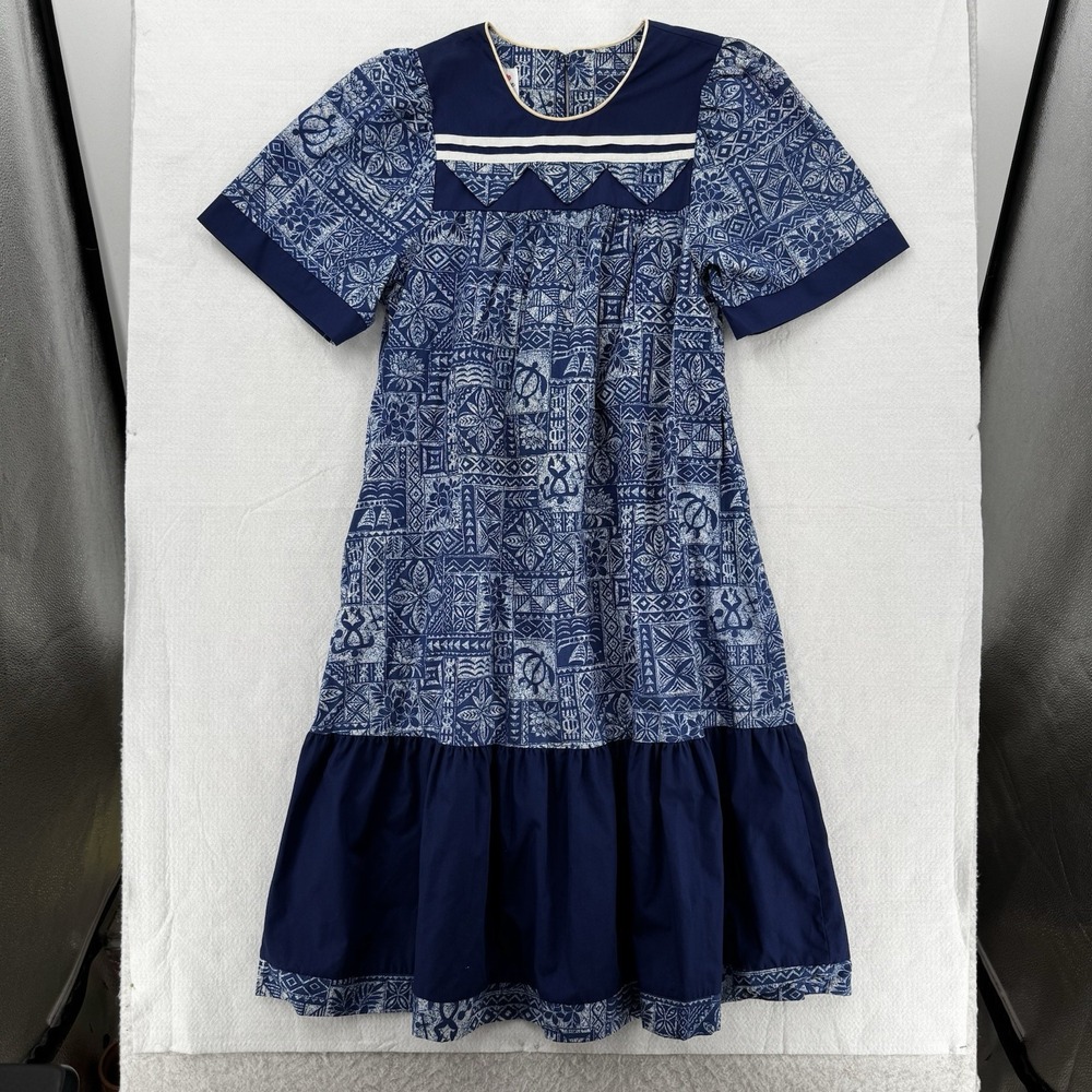 Vintage Karyl Kaye Muumuu Dress Womens Small Hawaiian Blue Tapa Block Print Midi